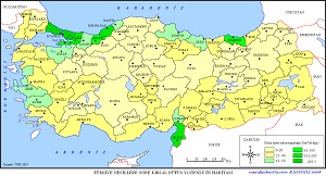 Türkiye 2007 İllere Göre Kırsal Nüfus Yoğunluğu Haritası